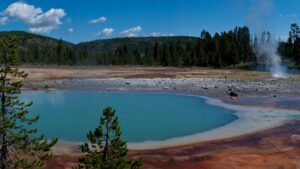 A peaceful scene in Biscuit Basin, Yellowstone, with colorful geothermal features along the stream and a fly fisherman visible in the background.